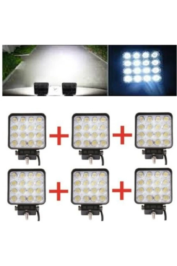 6 Adet Off Road Beyaz Işık Sis Farı Lambası 16 Led Kare 12-24v 48 Watt