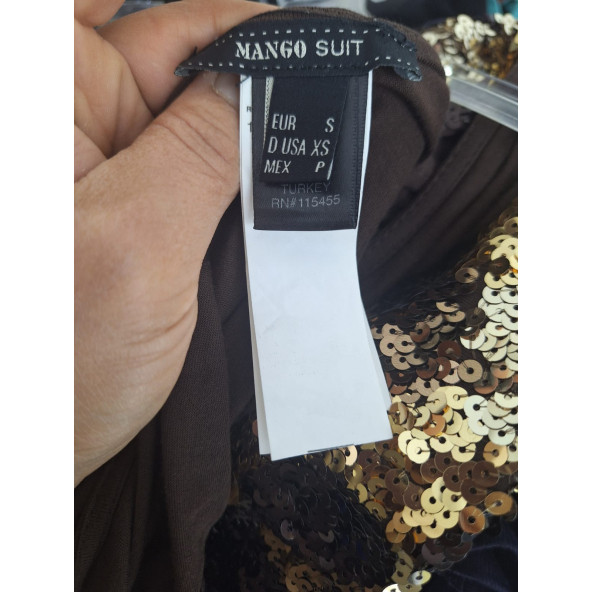 MANGO SUİT  PULLU PAYETLİ KAHVERENGİ PENYE ABİYE SIRT DEKOLTELİ ELBİSE - 8