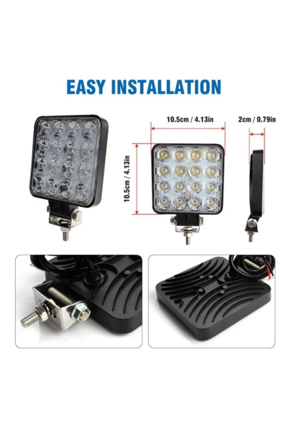 Off Road Beyaz Işık Sis Farı Lambası 16 Led Kare 4 Adet-12-24v 48 Watt 6500k 11 Cm