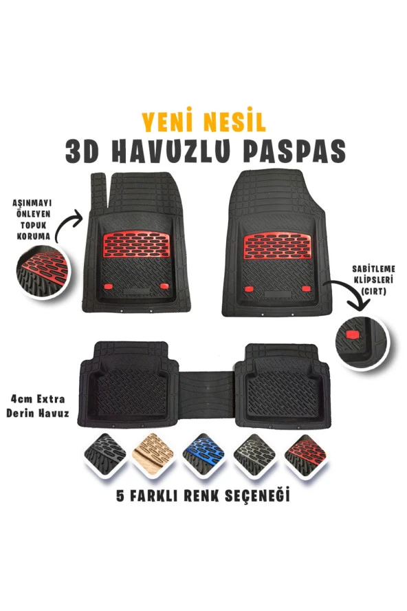 Opel Corsa 2008 Model 3d Havuzlu Paspas Kırmızı Krom Kaplama