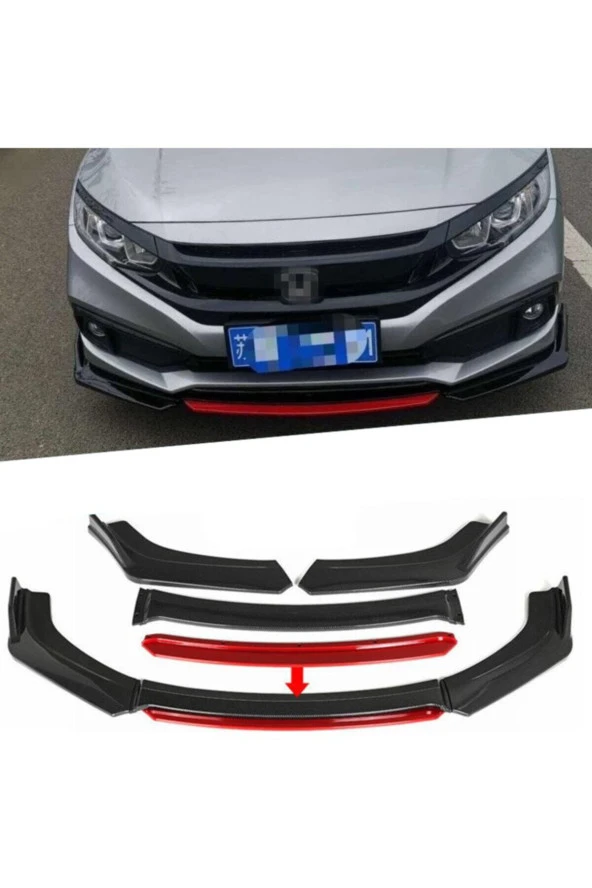 Honda Civic Fc5 Kırmızılı Ön Lip Ön Tampon Eki 4 Prç 2016 - 2019 Ithal