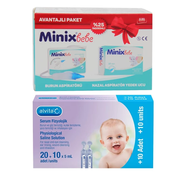 Minixbebe Burun Aspiratörü Ve Yedek Ucu 10 lu + Alvita Serum Fizyolojik 30 Flakon 5 ml HEDİYE