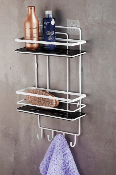 Yapışkanlı Paslanmaz Kristal Ayarlanabilir Raf Banyo Düzenleyici Şampuanlık Beyaz - SiyahLŞ-02 BSBK ürün görseli