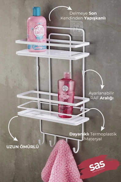 Yapışkanlı Paslanmaz Kristal Ayarlanabilir Raf Banyo Düzenleyici Şampuanlık Beyaz - Beyaz LŞ-02 BBBK - Resim 2