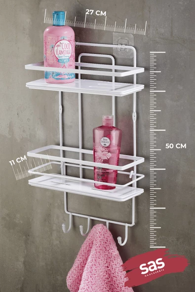 Yapışkanlı Paslanmaz Kristal Ayarlanabilir Raf Banyo Düzenleyici Şampuanlık Beyaz - Beyaz LŞ-02 BBBK - Resim 3