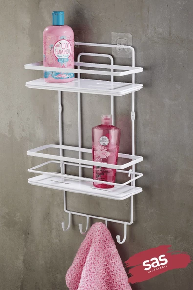 Yapışkanlı Paslanmaz Kristal Ayarlanabilir Raf Banyo Düzenleyici Şampuanlık Beyaz - Beyaz LŞ-02 BBBK