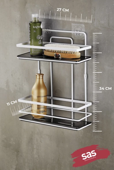 Yapışkanlı Ömür Boyu Paslanmaz Kristal Ayarlanabilir Raf Banyo Düzenleyici Şampuanlık Beyaz - Siyah - Resim 3