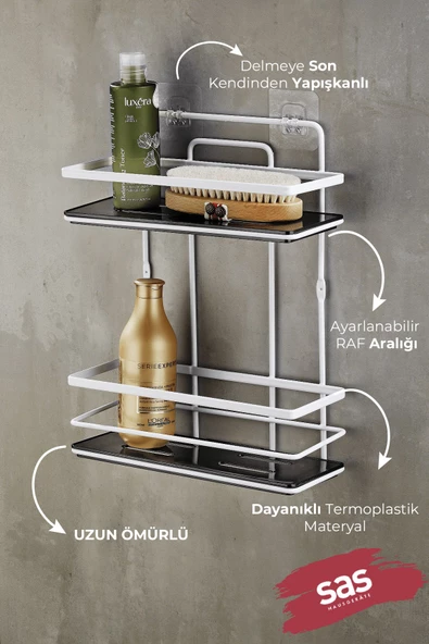 Yapışkanlı Ömür Boyu Paslanmaz Kristal Ayarlanabilir Raf Banyo Düzenleyici Şampuanlık Beyaz - Siyah - Resim 2