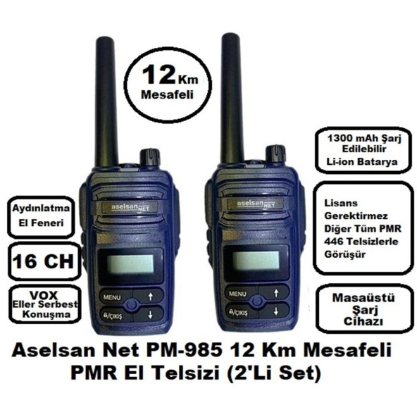 Aselsan PM985 12Km Açık Alan Mesafeli Pmr El Telsizi (2'li Set)