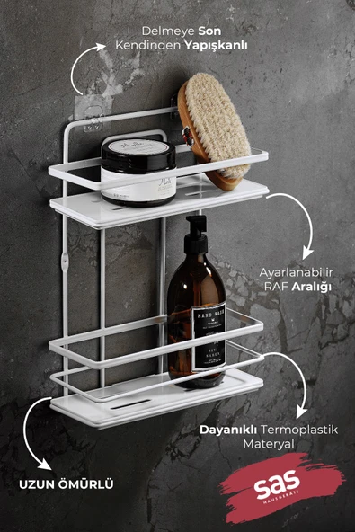 Yapışkanlı Ömür Boyu Paslanmaz Kristal Ayarlanabilir Raf Banyo Düzenleyici Şampuanlık Beyaz - Beyaz - Resim 2