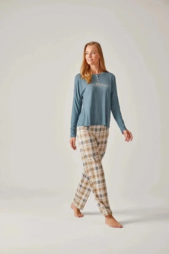 PAMUK&PAMUK Yeşil Ekose Pantolon W24061 Kadın Pijama Takımı - XL Beden