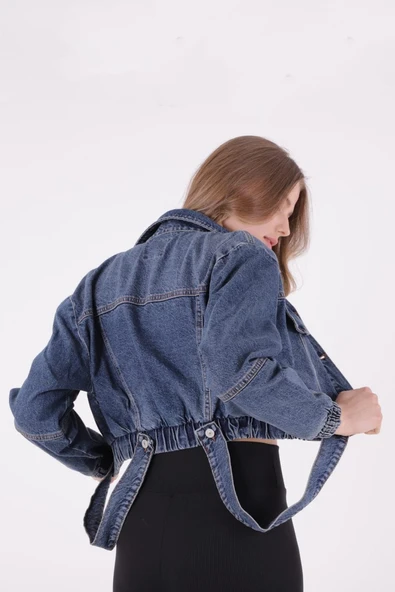 Önü Dekoratif Cepli ve Kolları Lastikli Uzun Kollu Kısa Boy Kot Kadın Ceket Koyu Mavi Denim - 3