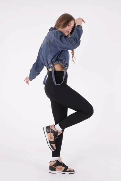 Önü Dekoratif Cepli ve Kolları Lastikli Uzun Kollu Kısa Boy Kot Kadın Ceket Koyu Mavi Denim - 4