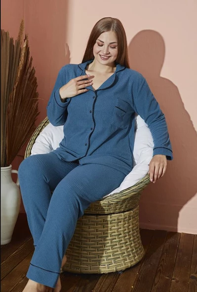 Eliz 8870-2-B Polar Battal Düğmeli Pijama Takımı