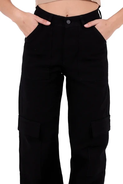 Kargo Cepli Detaylı ve Yüksek Belli Tam Boy Hip-Hop Relaxed Kadın Kargo Kot Pantolon Siyah Denim - 5