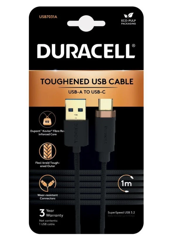 Duracell 1M USB-A-USB-C 3.2 Gen1 Braided Black
