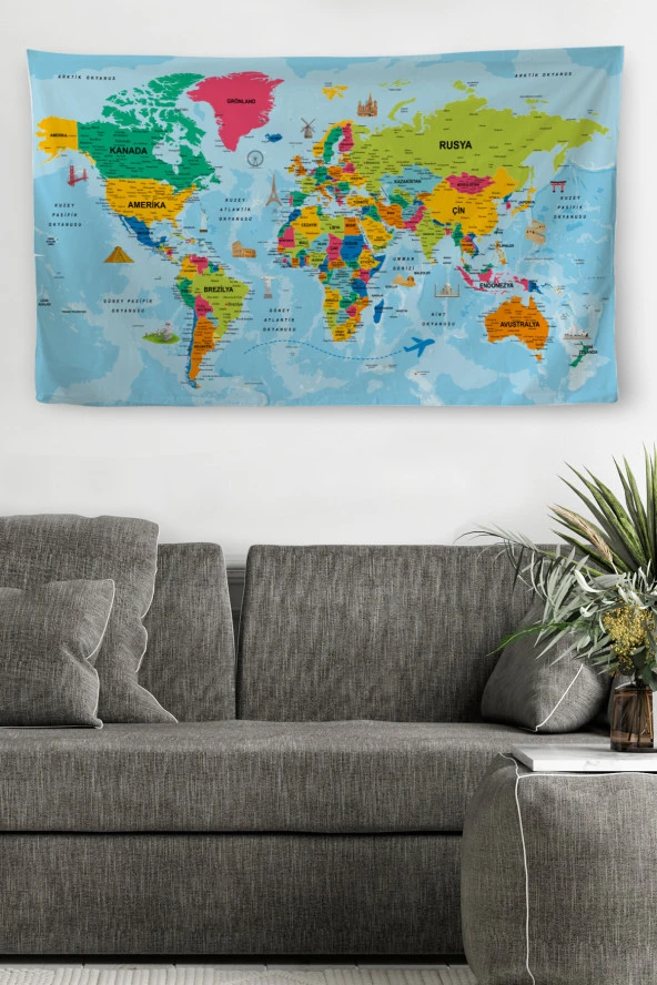 Duvar Örtüsü Detaylı Türkçe Güncel Dünya Haritası Kanvas Duvar Halısı-4050