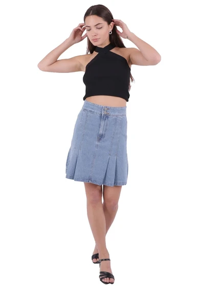 Pileli ve Çan Modelli Cepsiz Astarsız Kadın Kısa Kot Etek Durulanmış Mavi Denim Yaz / Bahar  - 2