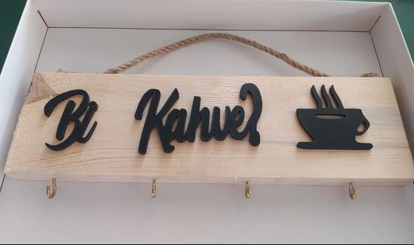 Ahşap Bi Kahve Yazısı Duvar Tablo Fincanlık & Anahtarlık - SİYAH Dekoratif  Mutfak Yazıları