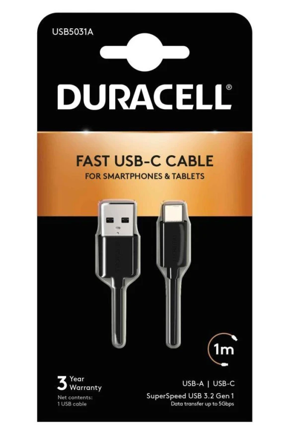 Duracell 1M USB Type-C to USB 3.0 Cable Black