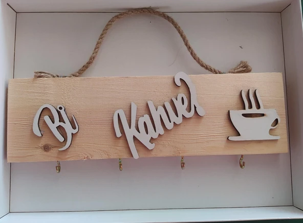Ahşap Bi Kahve Yazısı Duvar Tablo Fincanlık & Anahtarlık - BEYAZ  Dekoratif  Mutfak Yazıları - 2