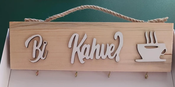 Ahşap Bi Kahve Yazısı Duvar Tablo Fincanlık & Anahtarlık - BEYAZ  Dekoratif  Mutfak Yazıları