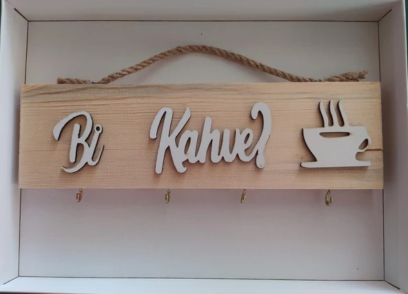 Ahşap Bi Kahve Yazısı Duvar Tablo Fincanlık & Anahtarlık - BEYAZ  Dekoratif  Mutfak Yazıları - 3