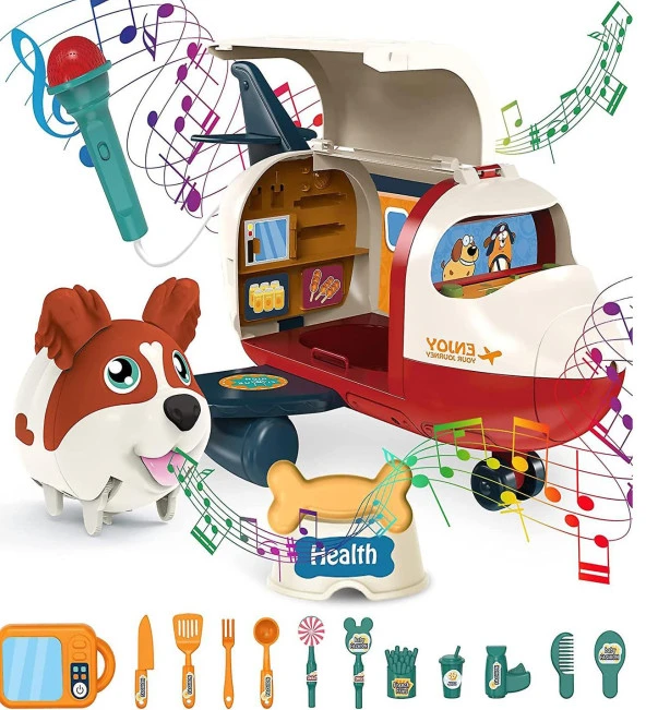 Ses kontrollü, İnteraktif Yürüyen Havlayan Sevimli Köpek , Gerçek Mikrofon ve  Işıklı-Müzikli Uçağı, Aksesuarlarıyla - 3