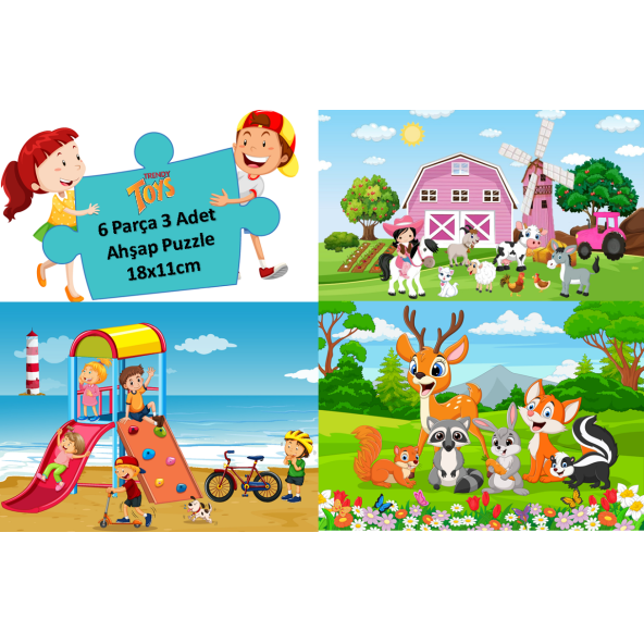 Trendy Toys Ahşap Puzzle Ilk Yapbozum 3 Adet 6 Parçalı 18x11cm