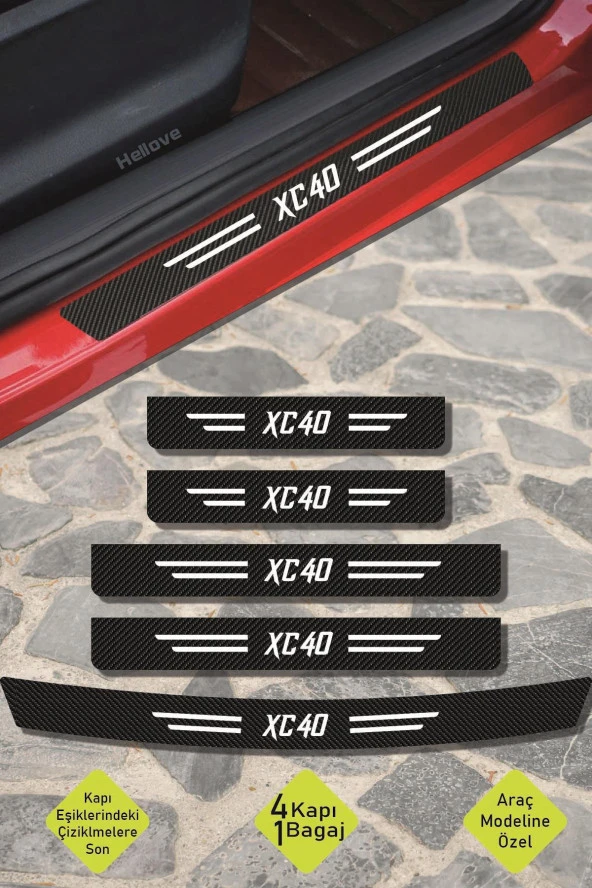 Volvo XC40 Uyumlu Kapı Bagaj Eşik Koruyucu Set Karbon Çizilme Engelleyici Folyo XC40 Yazılı