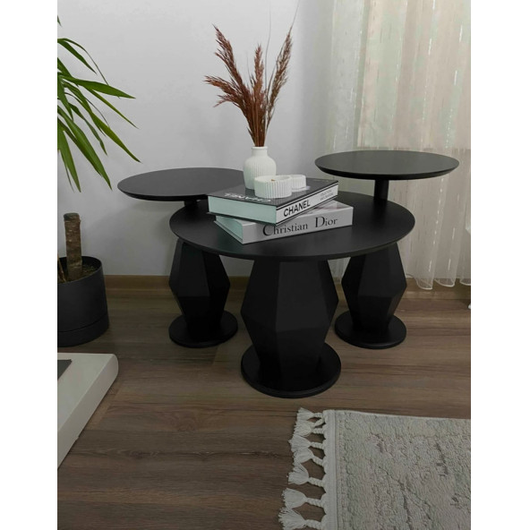 Gold Design Üçlü Mantar Prizma 2 Adet Zigon 1 Adet Orta Sehpa Seti Mdf Siyah Gd-mp0301 - 5