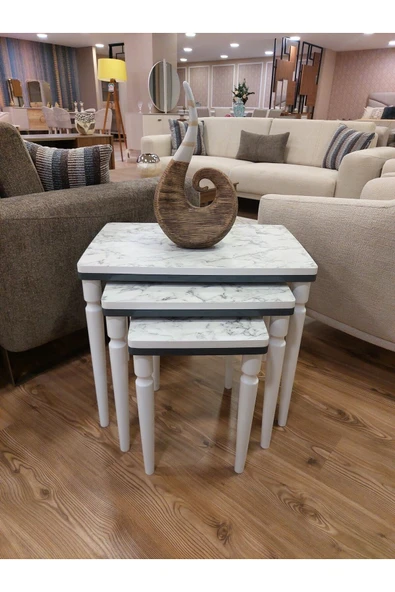 AKSET 3Lü Lüx Zigon Sehpa Beyaz Mermer Antrasit - Resim 4