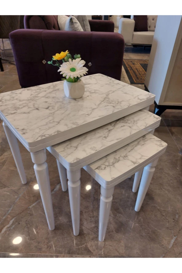 AKSET 3Lü Lüx Zigon Sehpa Beyaz Mermer Full Beyaz ürün görseli