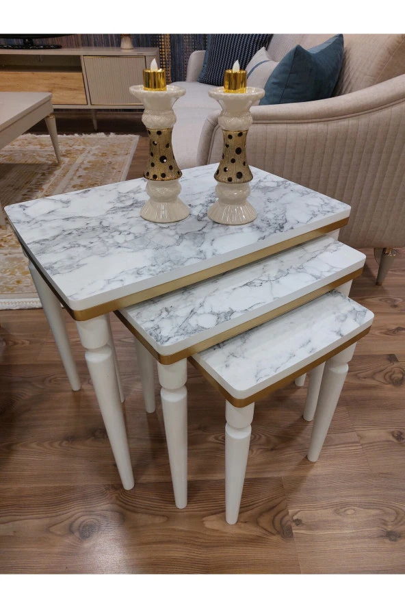 AKSET 3Lü Lüx Zigon Sehpa Beyaz Mermer Gold ürün görseli