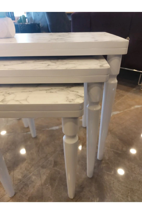 AKSET 3Lü Lüx Zigon Sehpa Beyaz Mermer Full Beyaz - Resim 3