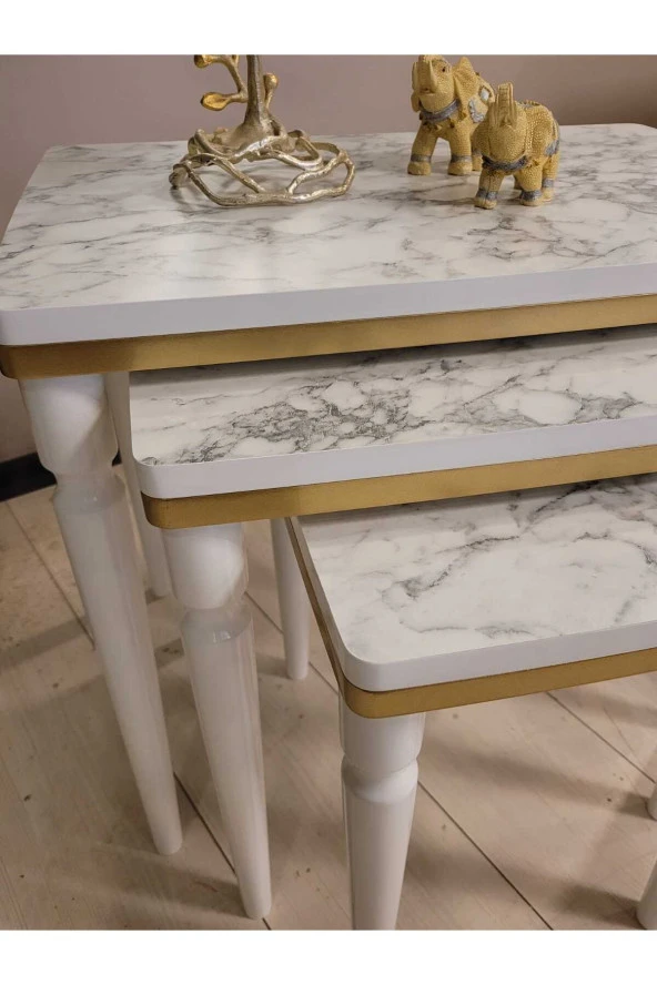 AKSET 3Lü Lüx Zigon Sehpa Beyaz Mermer Gold - Resim 4