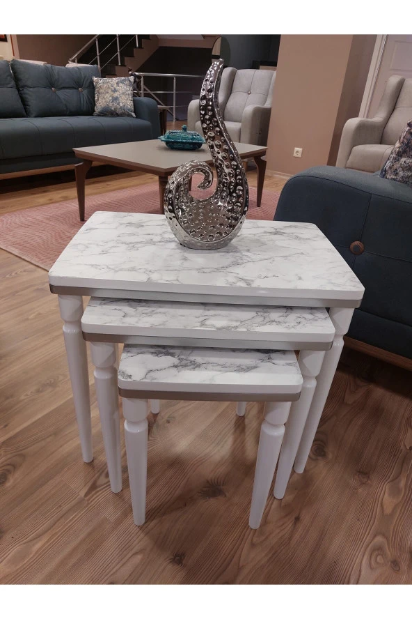 AKSET 3Lü Lüx Zigon Sehpa Beyaz Mermer Gümüş - Resim 2