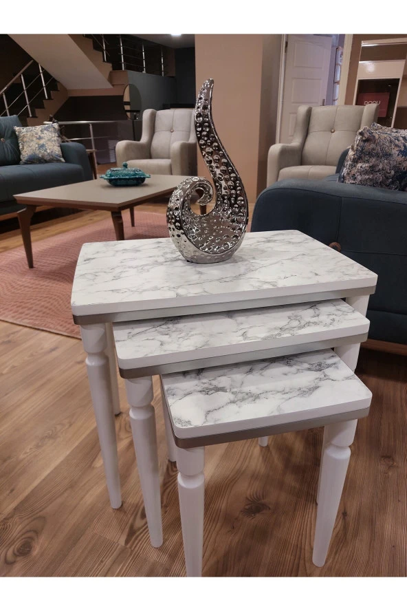 AKSET 3Lü Lüx Zigon Sehpa Beyaz Mermer Gümüş - Resim 3