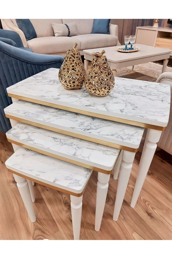 AKSET 4Lü Lüx Zigon Sehpa Beyaz Mermer Gold ürün görseli