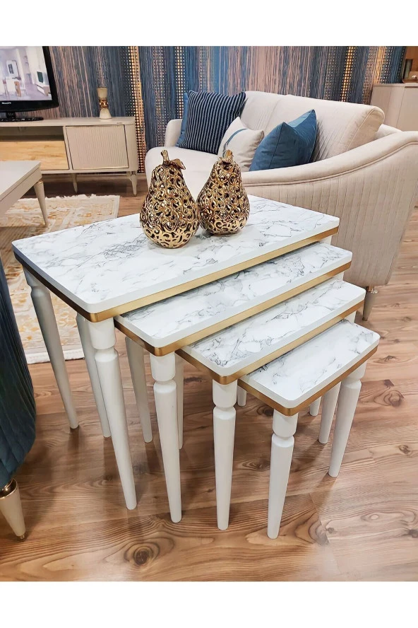 AKSET 4Lü Lüx Zigon Sehpa Beyaz Mermer Gold - Resim 2