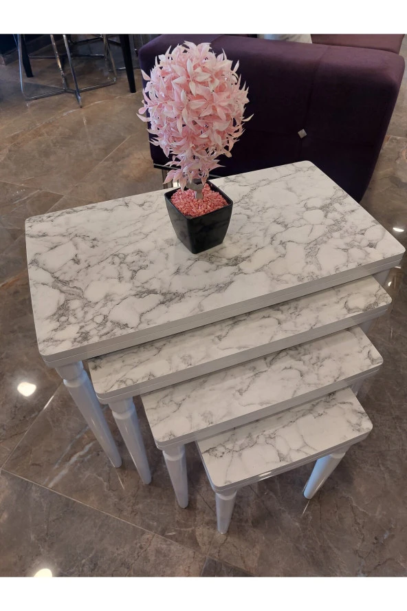 AKSET 4Lü Lüx Zigon Sehpa Beyaz Mermer Full Beyaz - Resim 2