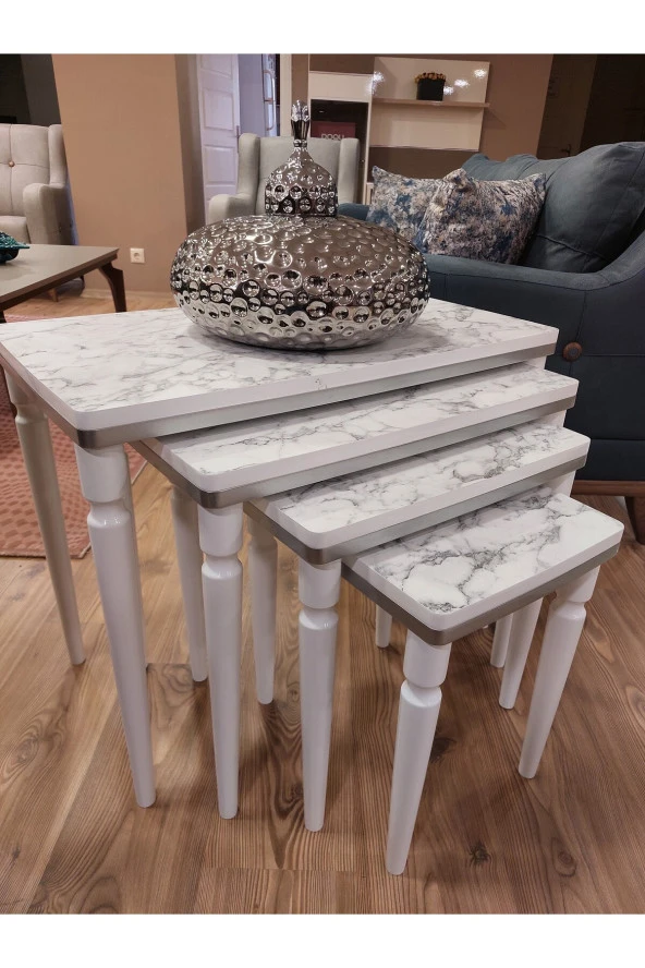 AKSET 4Lü Lüx Zigon Sehpa Beyaz Mermer Gümüş ürün görseli