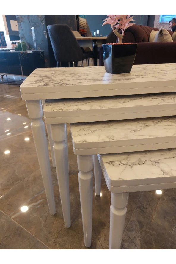 AKSET 4Lü Lüx Zigon Sehpa Beyaz Mermer Full Beyaz - Resim 3