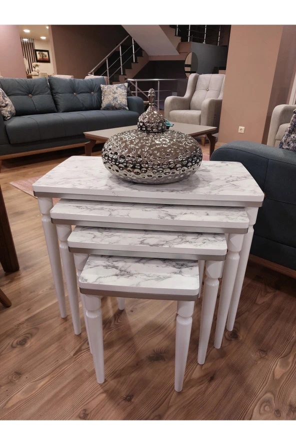 AKSET 4Lü Lüx Zigon Sehpa Beyaz Mermer Gümüş - Resim 2