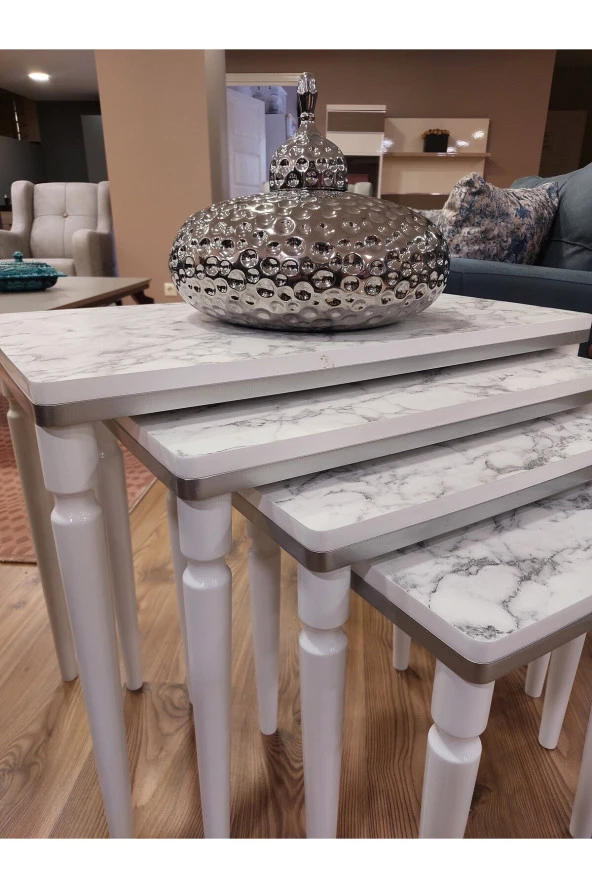 AKSET 4Lü Lüx Zigon Sehpa Beyaz Mermer Gümüş - Resim 3