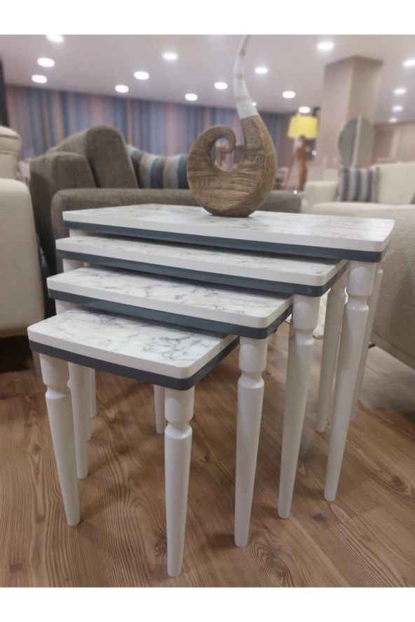 AKSET 4Lü Lüx Zigon Sehpa Beyaz Mermer Antrasit - Resim 2