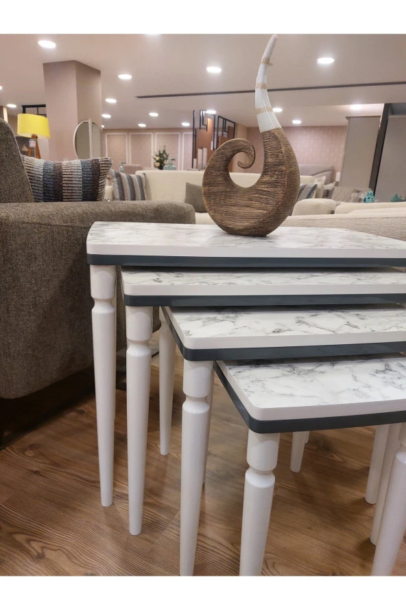 AKSET 4Lü Lüx Zigon Sehpa Beyaz Mermer Antrasit - Resim 3