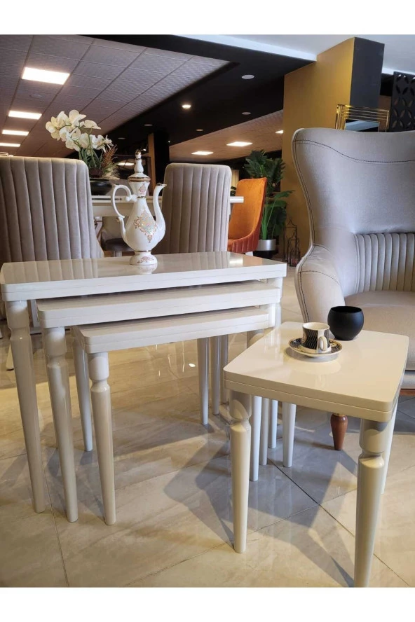 AKSET 4Lü Lüx Zigon Sehpa Full Krem - 5