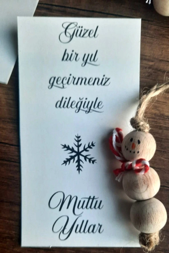 5 Adet Ahşap Kardan Adam Yılbaşı Temalı Kartlı - Yılbaşı Hediye - Yılbaşı Tebrik Kartı - 4