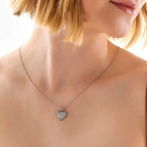 925 Ayar Gümüş Bombeli Kalp Kadın Kolye - Resim 4
